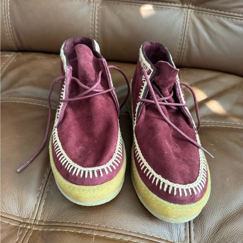 Laidback London Burgundy Suede Ankle Boots with Cream Stitching